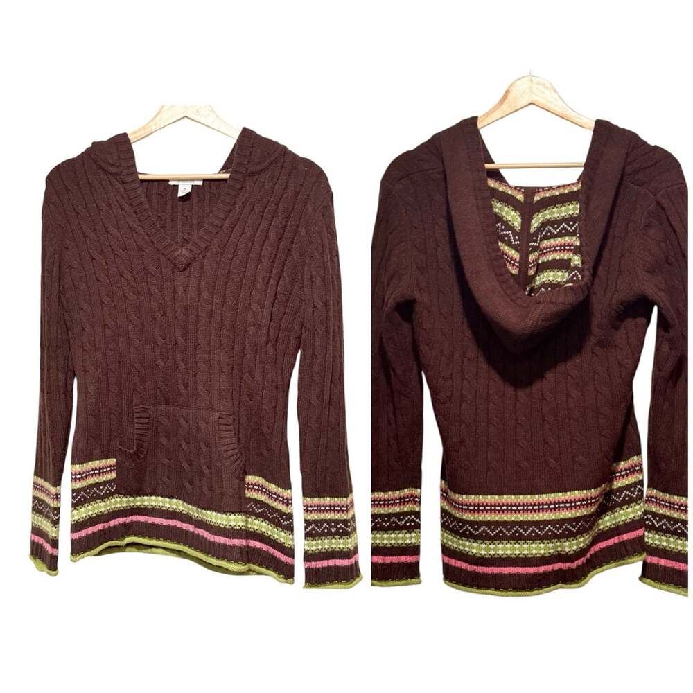 Y2K Fair Isle Sz M Brown Pink Cable Knit Pockets Sweater Hoodie Bella Swan